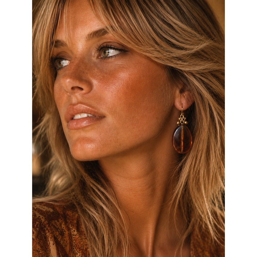 Amber Acrylic Teardrop Drop‎ Earrings Gold Tone Beaded Boho Dangle Jewelry
